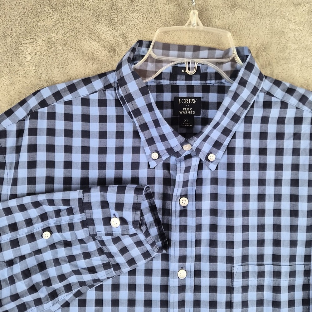 J Crew Flex Washed Shirt Mens XL Slim Blue‎ Gingham Button Front Stretch Cotton